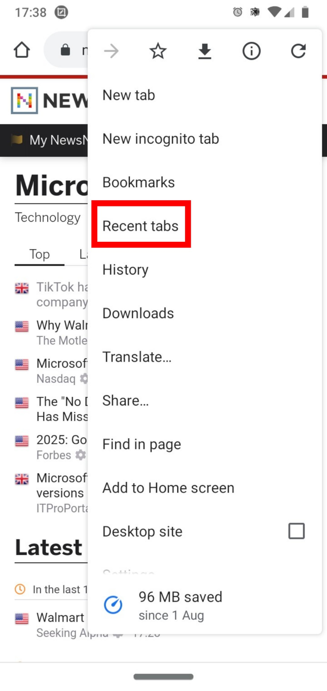 Selecting recent tabs in Chrome mobile