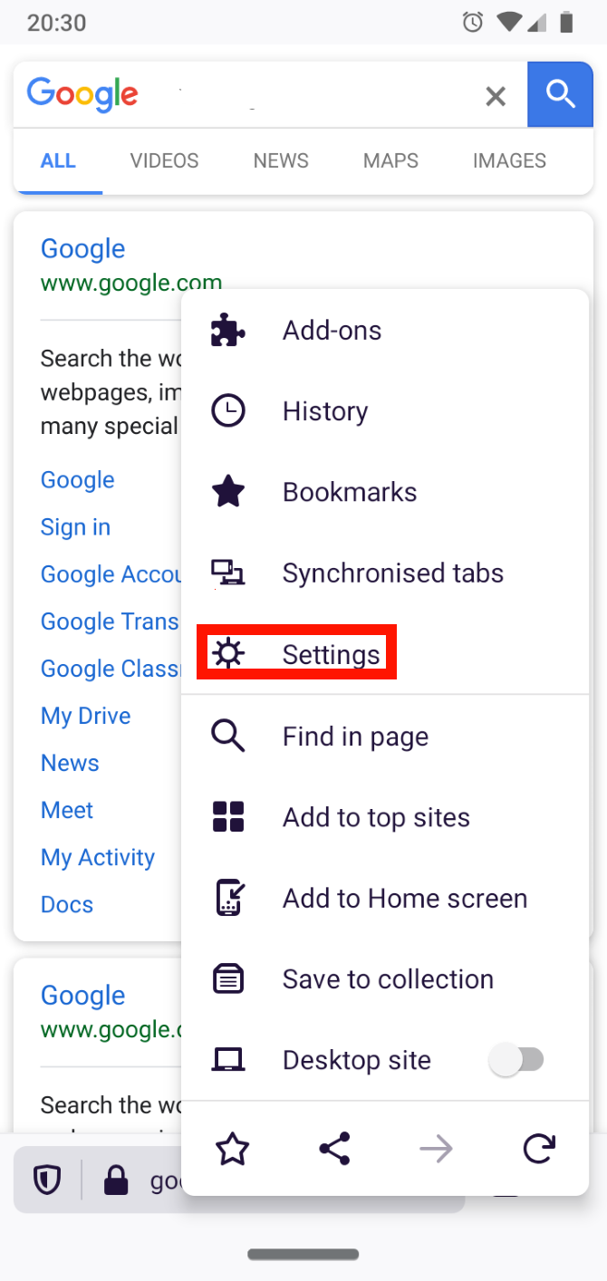 Selecting the settings in mobile Firefox