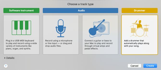 Track Type popup window in GarageBand