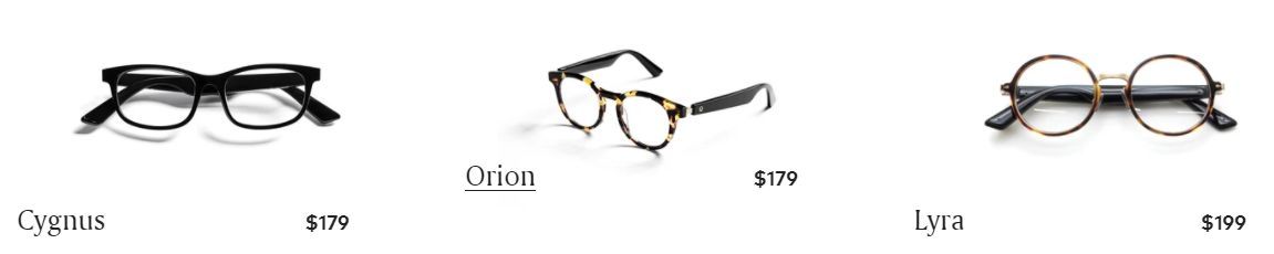 Three styles of Vue Lite smart glasses.