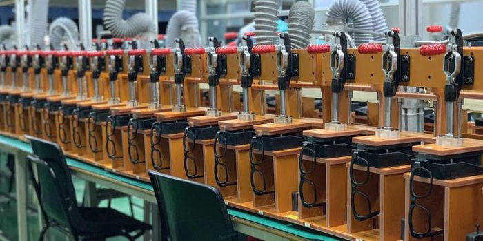 An army of clamping fixtures on the Vue smart glasses production line.