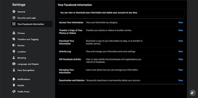 your facebook information options