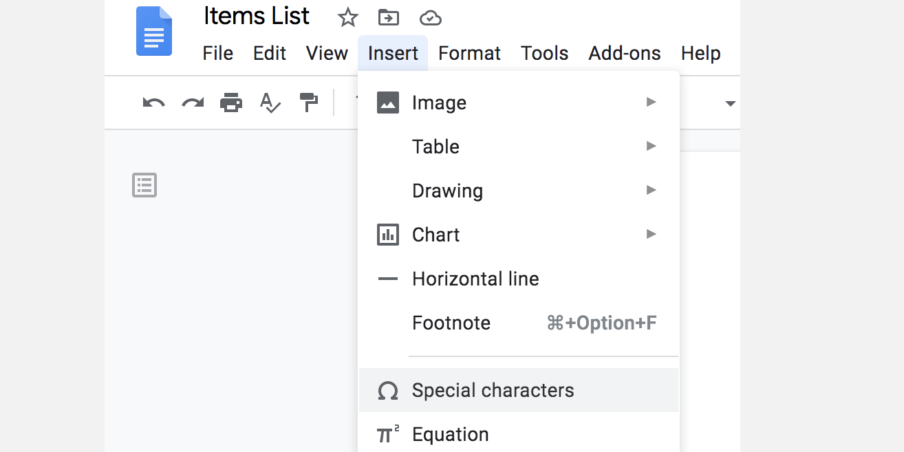 add special characters google docs