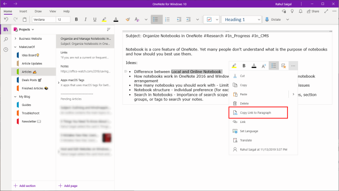 copy link to paragraph in OneNote app