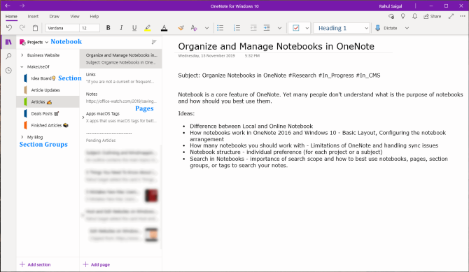 difference between notebook section and pages - Come organizzare i taccuini con OneNote