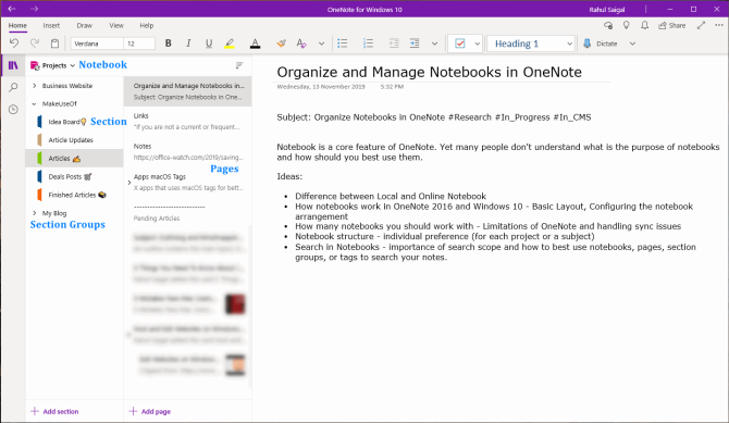 difference between notebook, section, and pages in OneNote