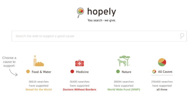Hopely is a search engine that donates half its earnings from advertisements to charity causes
