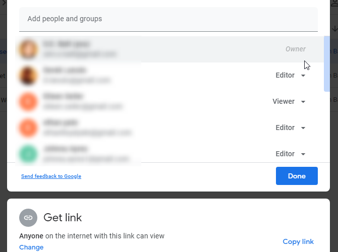 The permissions list in Google Drive