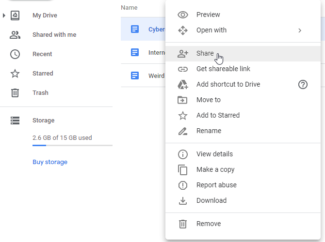 Selecting the Share option in Google Drive