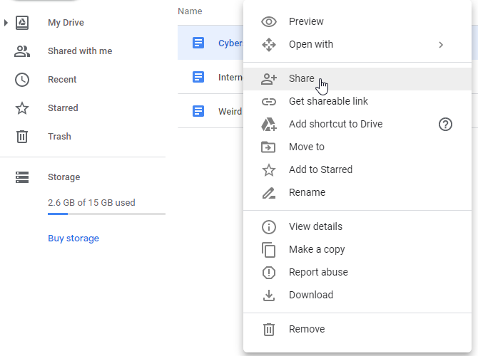 Memilih opsi Bagikan di Google Drive