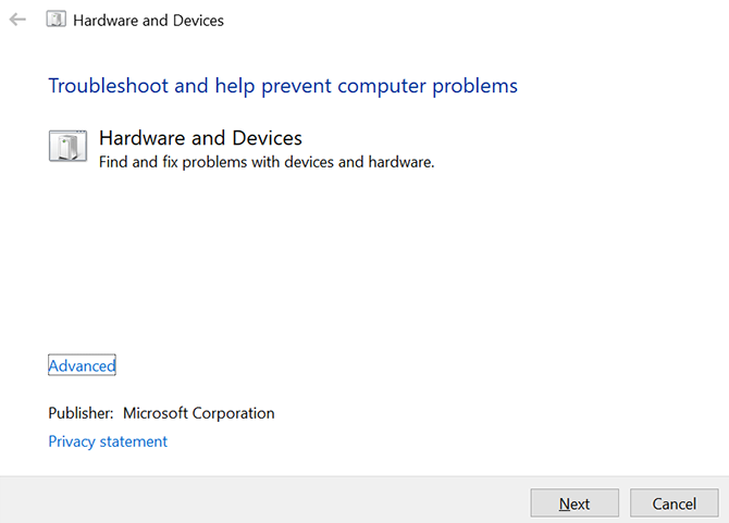 hardware and devices troubleshooter