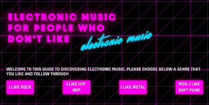 Electronic Music for People Who Don't Like Electronic Music will find the best way to get into electronic depending on your other musical tastes
