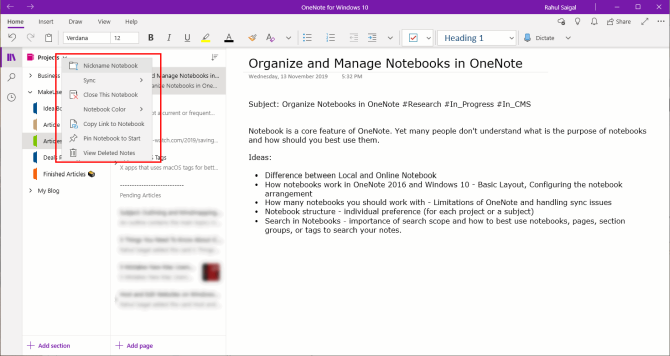 notebook management in OneNote