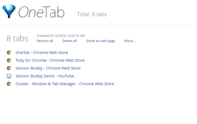 OneTab showing a tab management list in Chrome