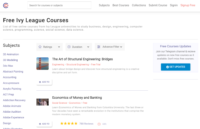 Coursesity is a directory of online courses which you can filter by rating, duration, difficulty, and other criteria