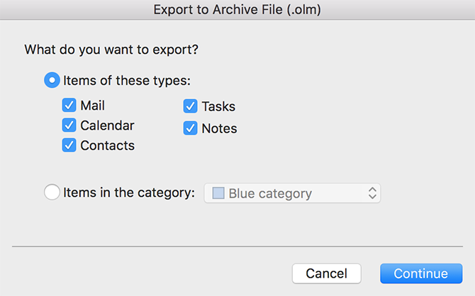 select items to export in outlook
