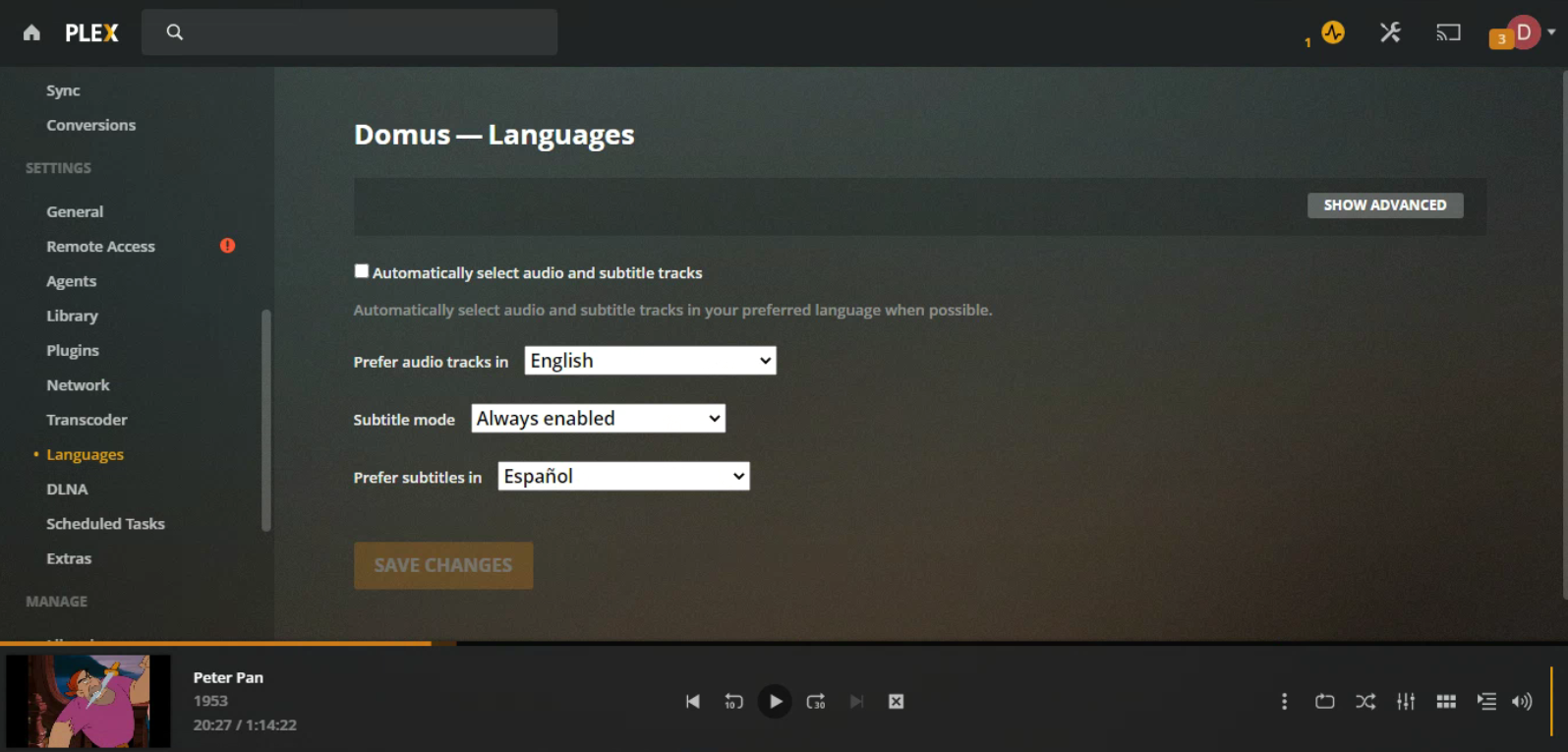 plex languages set subtitle default