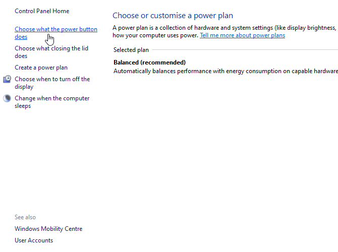 Selecting the option to choose what the power button does in Windows 10