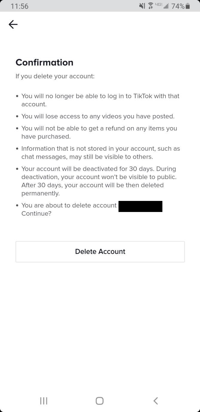 TikTok Delete Account Confirmation