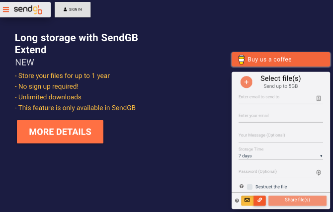 Transfer files up to 2GB and set them to self-destruct at SendGB