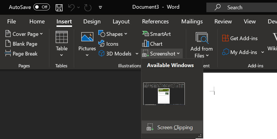 screen clipping in word