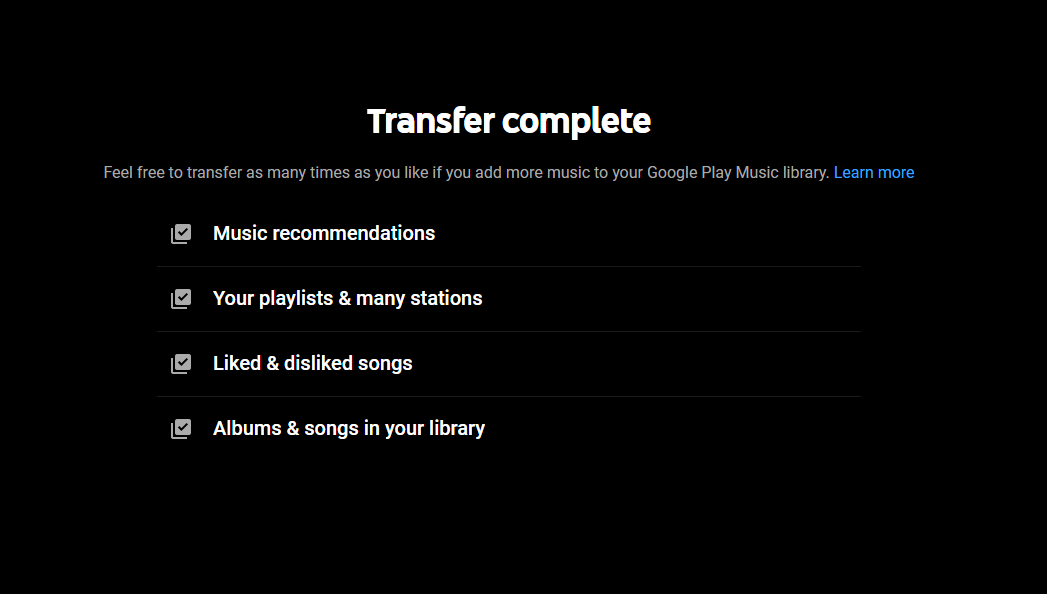 youtube music transfer complete