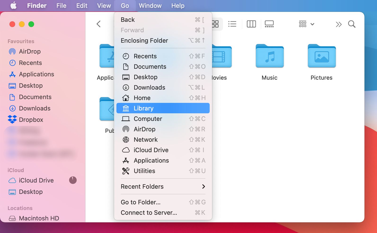 Go to Library option from Finder menu bar on Mac