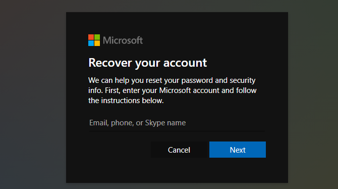 Microsoft Account Reset Page
