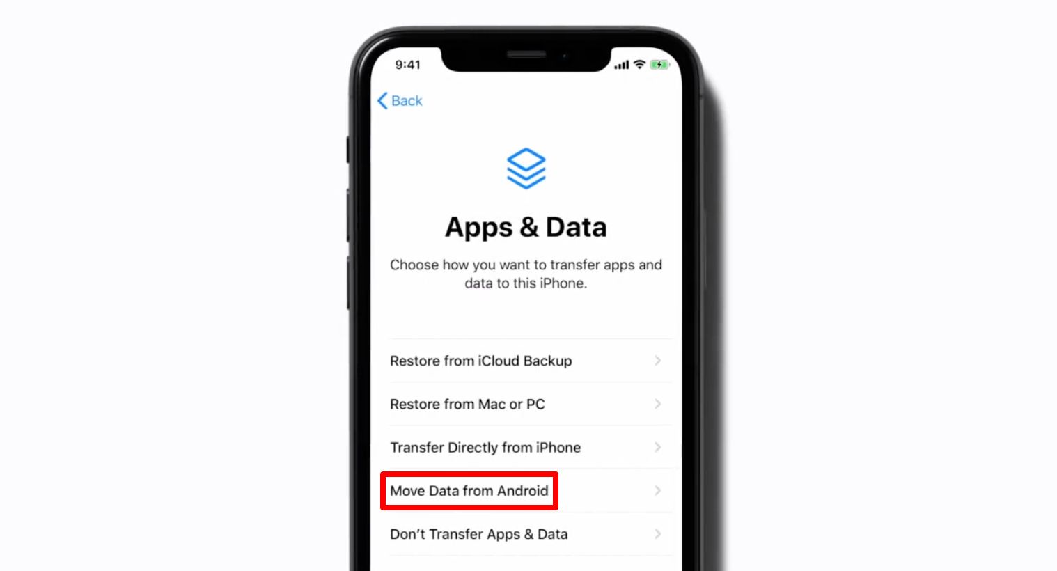 گزینه Move Data from Android در Apps and Data در آیفون