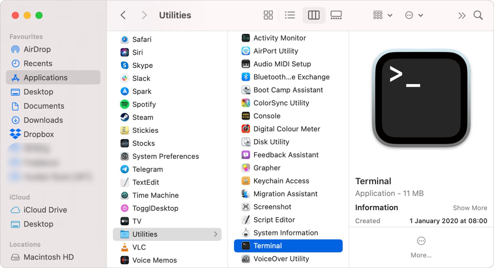 Terminal in Applications folder in Finder - Come aprire il terminale su un Mac