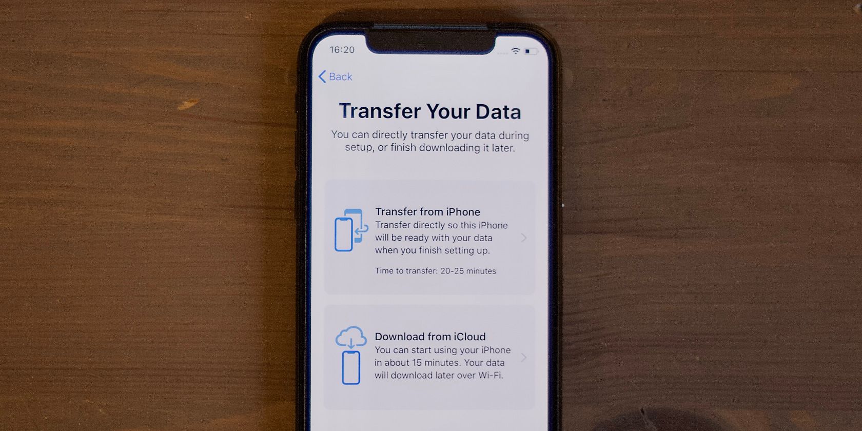 Transfer Your Data options on iPhone