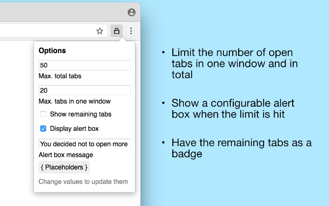 Tab Limiter limits the number of tabs you can open in Chrome, keeping you focused