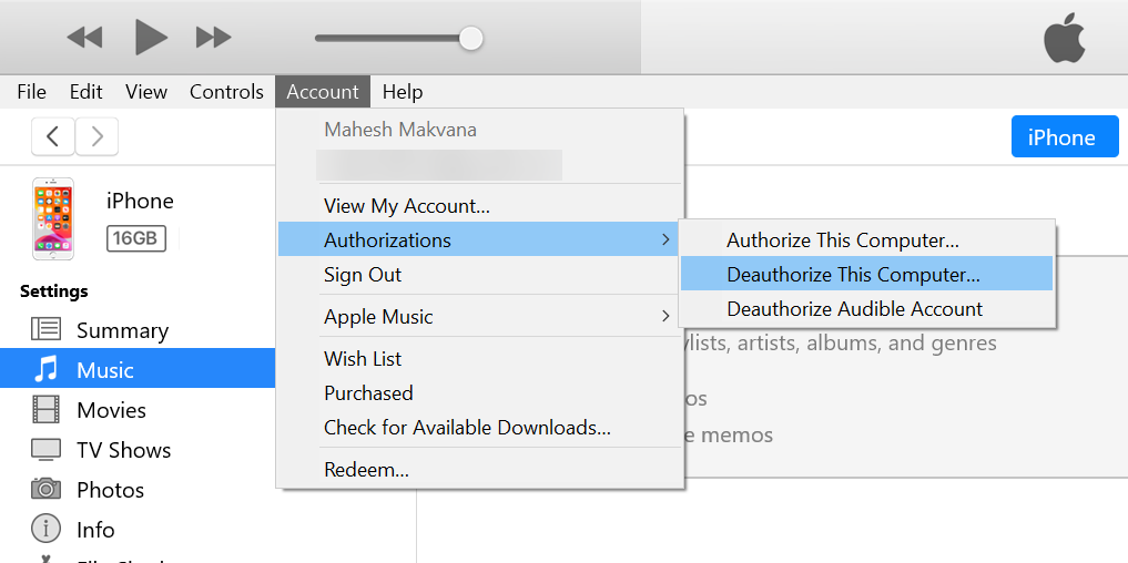 deauthorize a computer in itunes