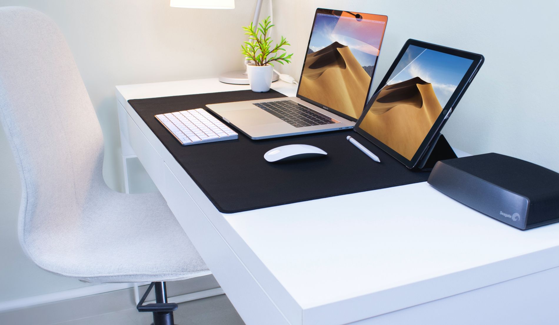 desk with large mouse pad