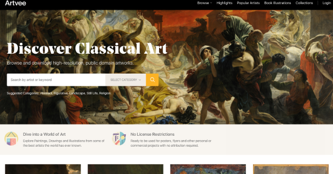 ArtVee hosts classical paintings whose copyright has expired, as well as book and magazine covers