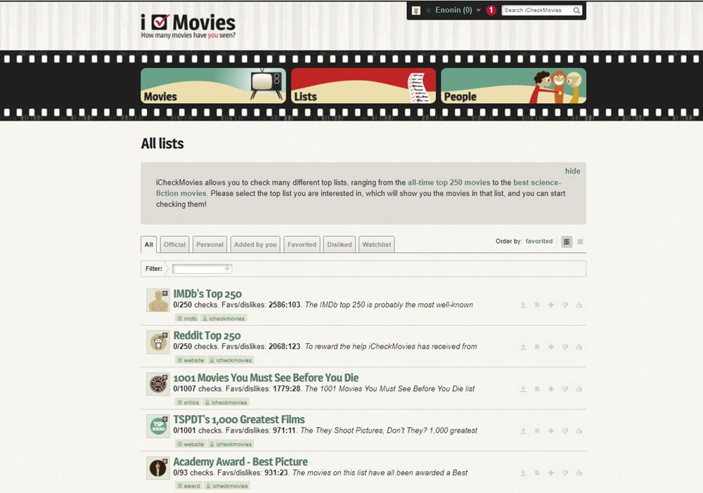 Screenshot of iCheckMovies Homepage with movie lists
