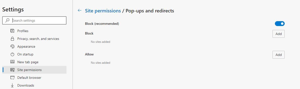 Microsoft Edge Block Popups Site Permissions