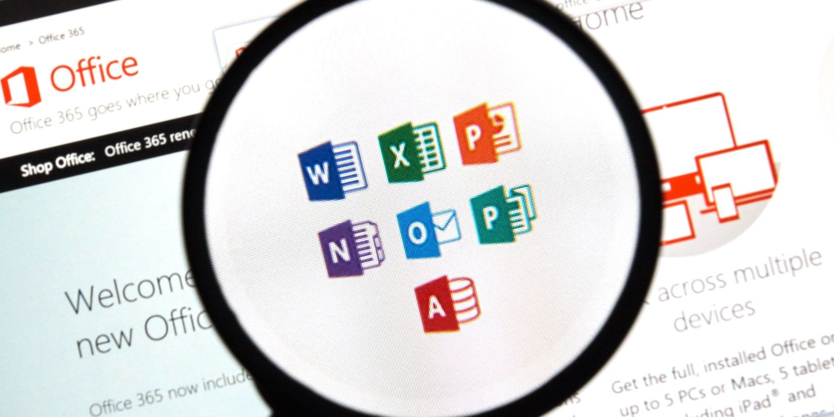 A magnifying glass over Microsoft Office apps