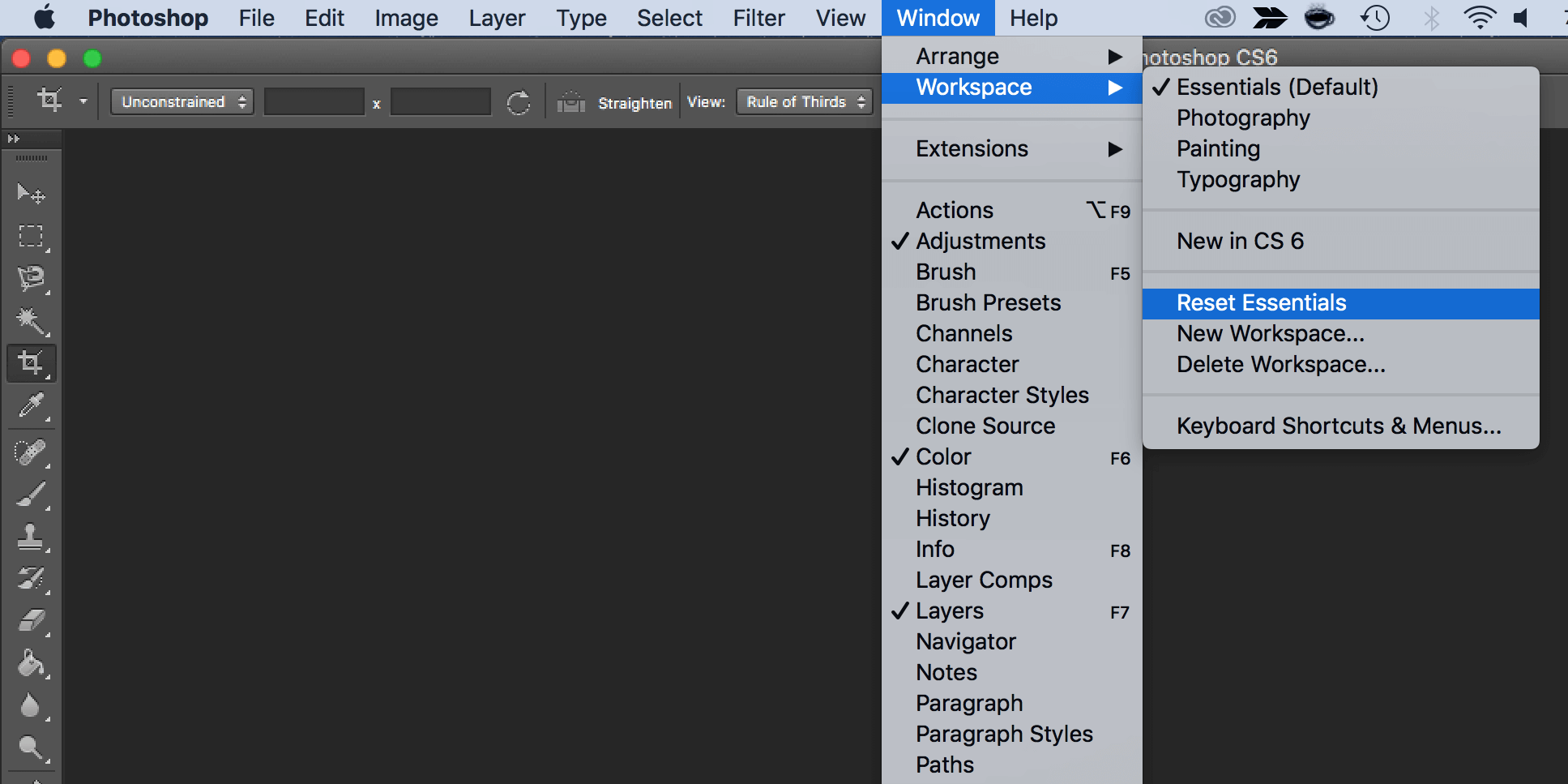 reset a workspace in photoshop