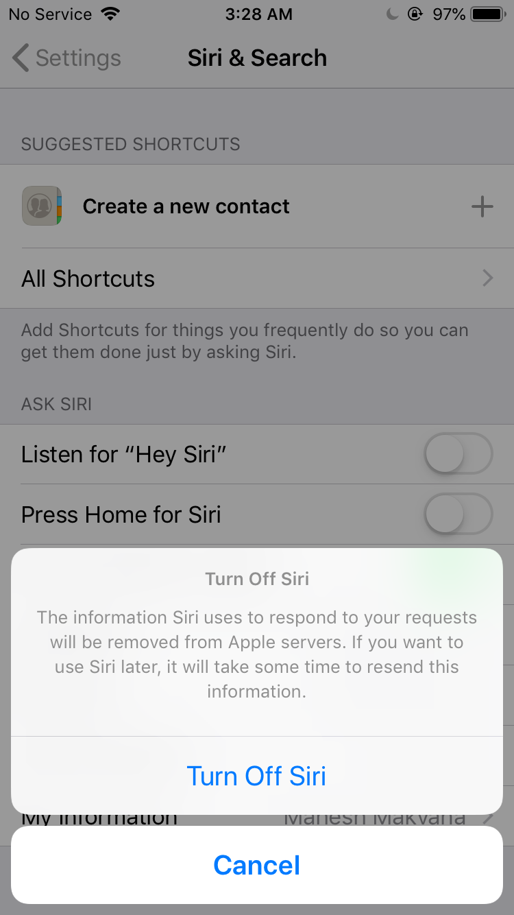 Siri disabilita il prompt su iPhone
