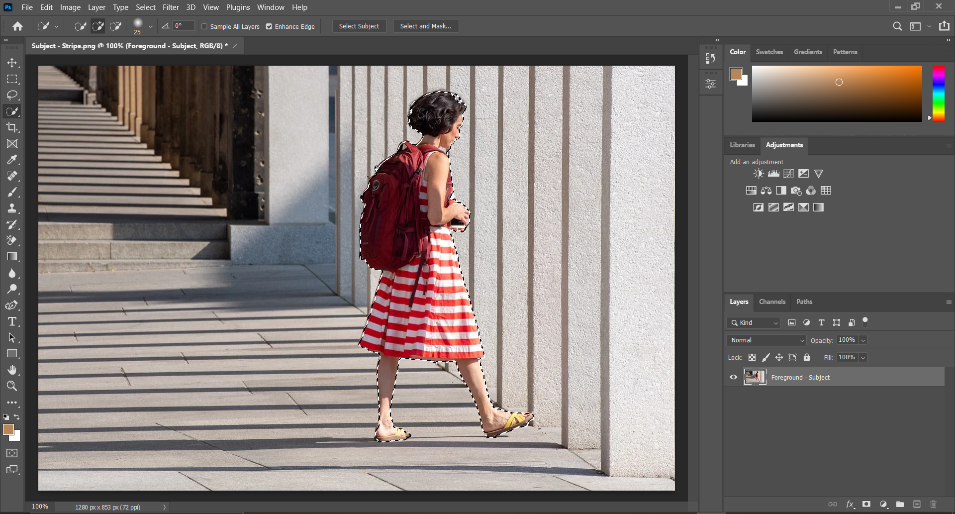 Photoshop screen showing woman walking