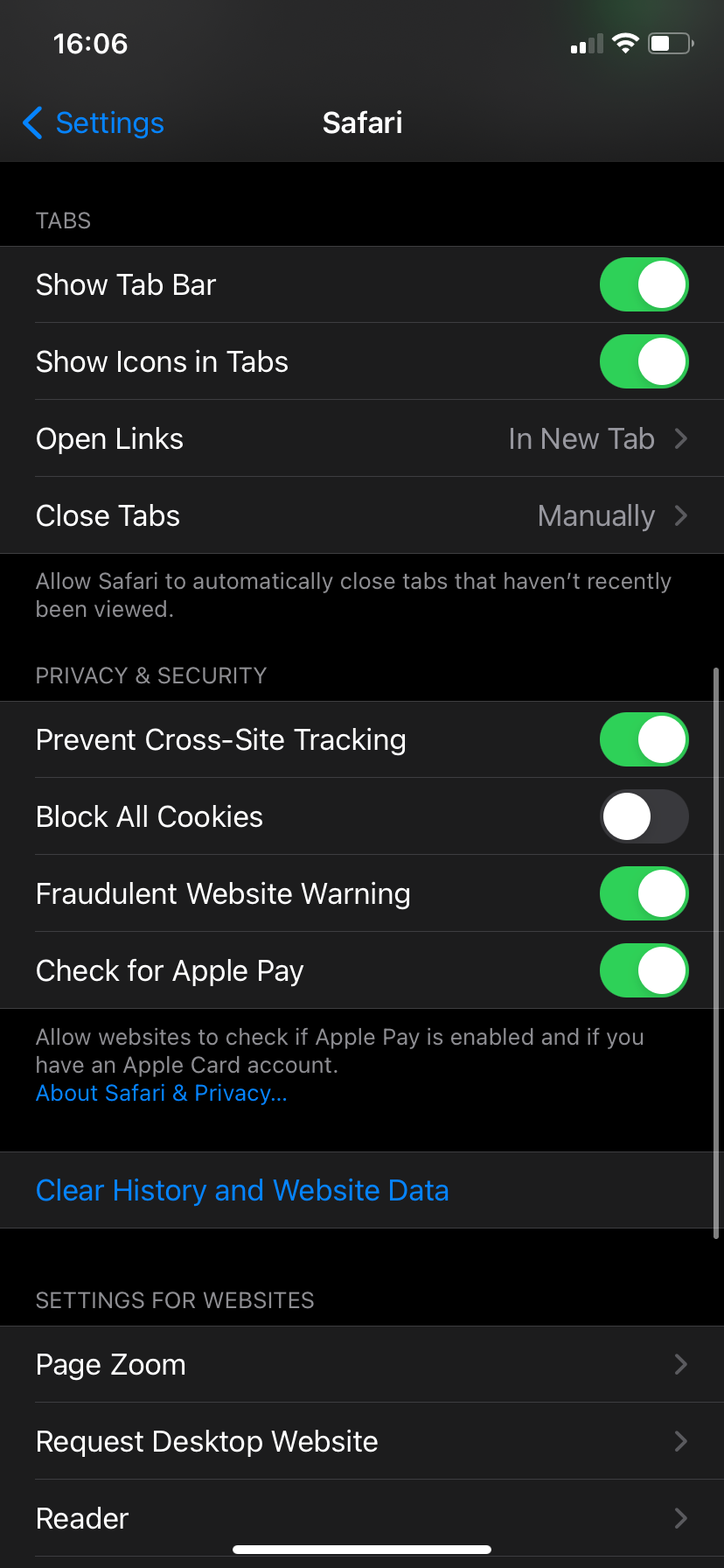 iPhone Safari Privacy Options