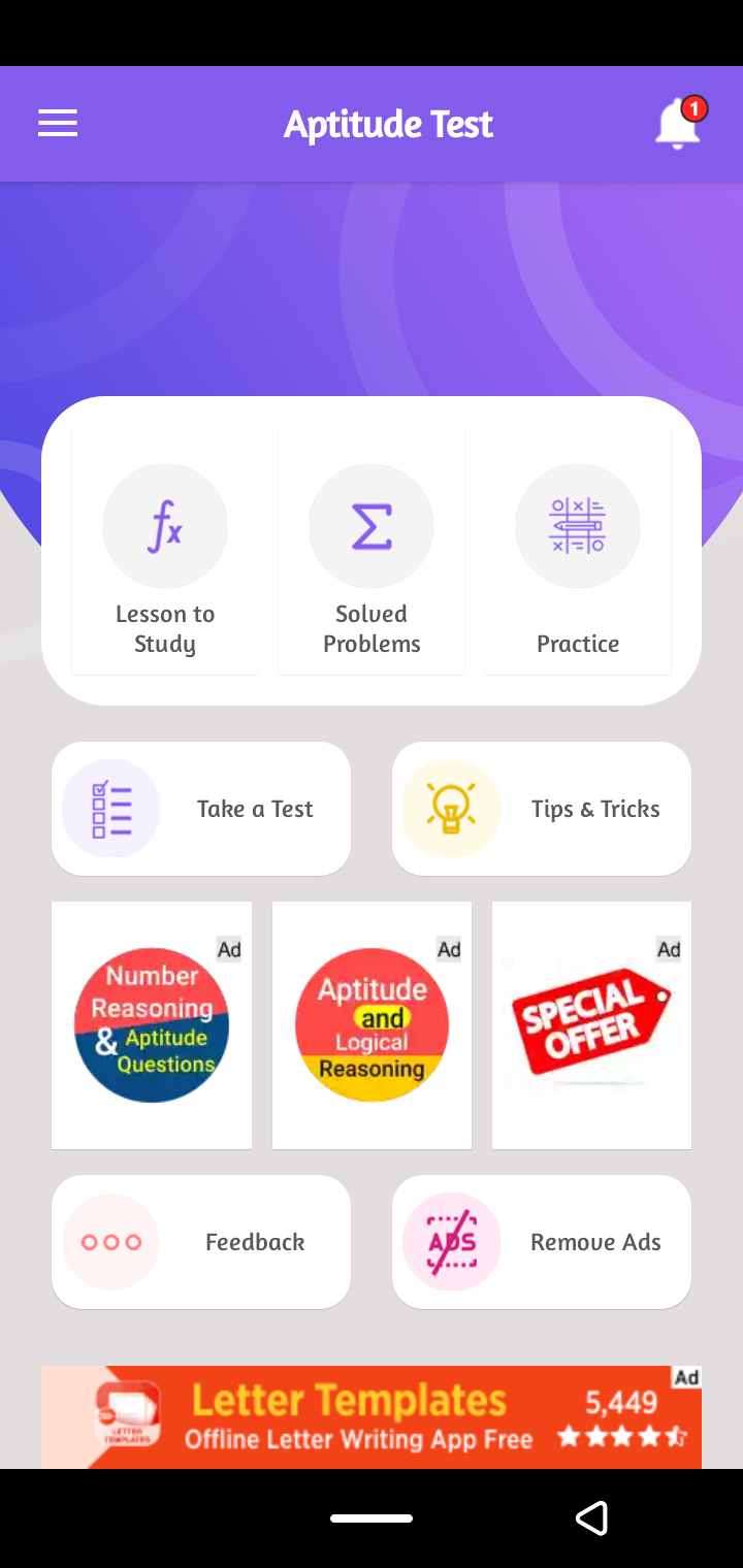 Aptitude Test and Preparation, Tricks and Practice home screen