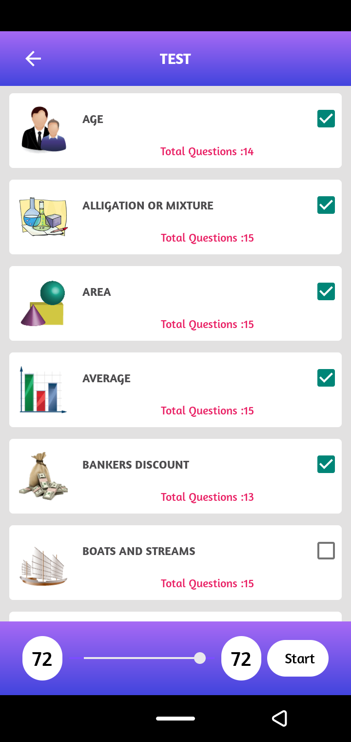 Aptitude Test and Preparation, Tricks and Practice test selection interface