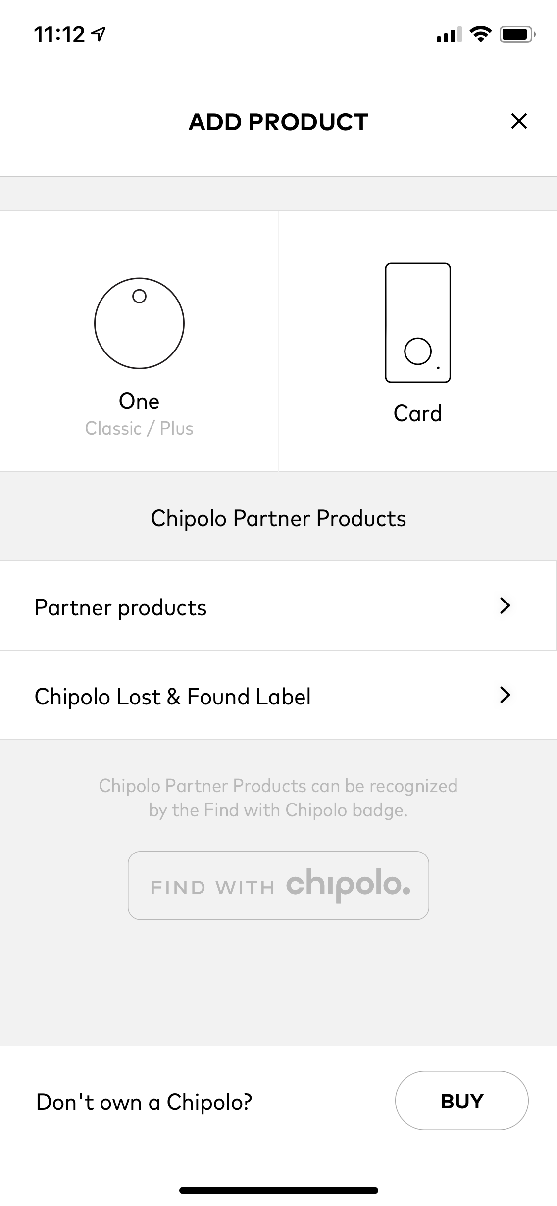 Chipolo app add device menu
