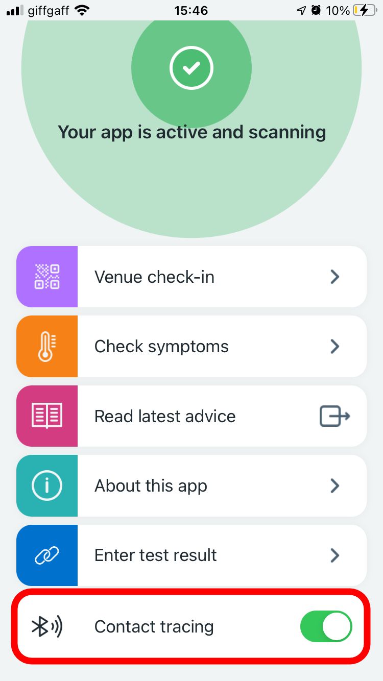 Contact tracing button in NHS COVID-19 app