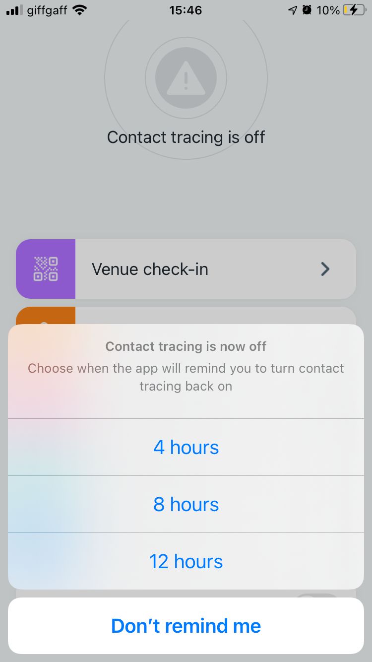 Contact tracing timer on NHS COVID-19 app