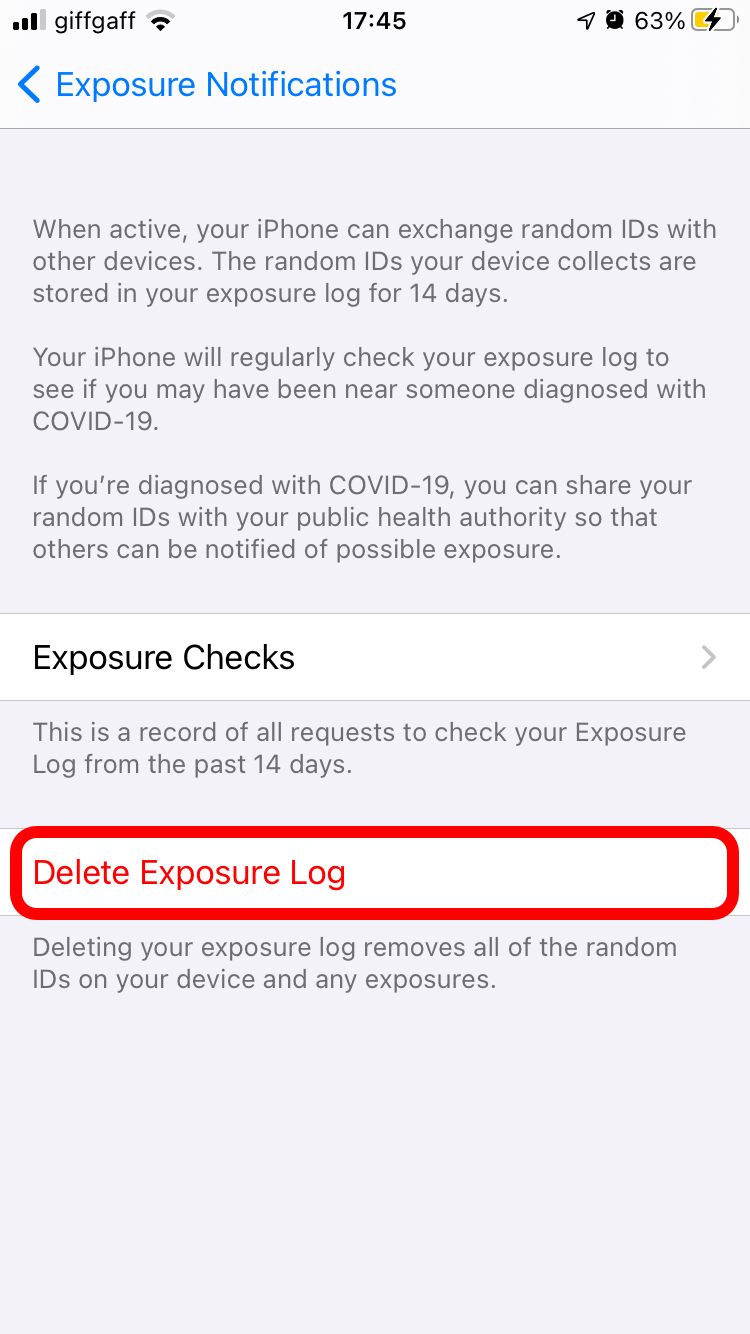Delete Exposure Log option in iPhone settings