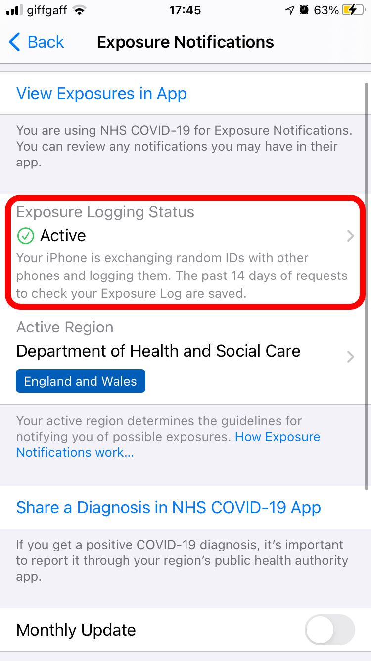 Exposure Notification settings on iPhone