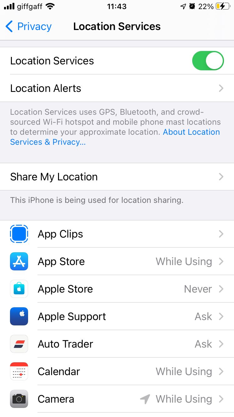 Location Services settings on iPhone